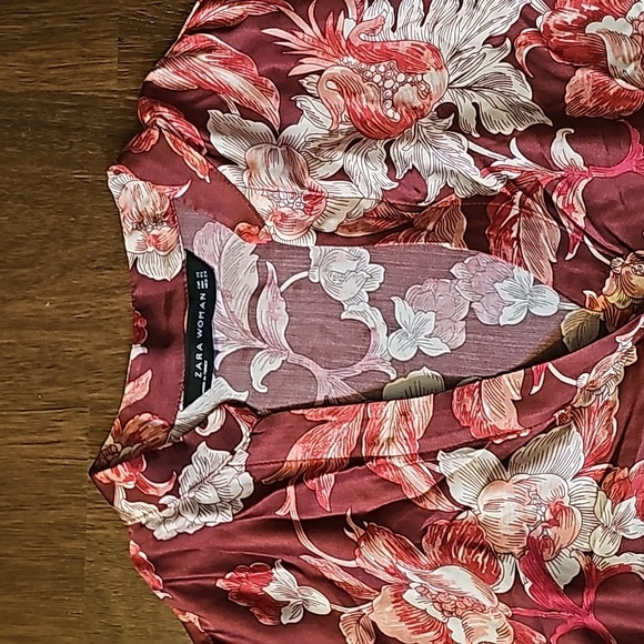 Zara 2 piece silky ruby/white floral kimono patterned outfit sz XS EUC! - Picture 6 of 9